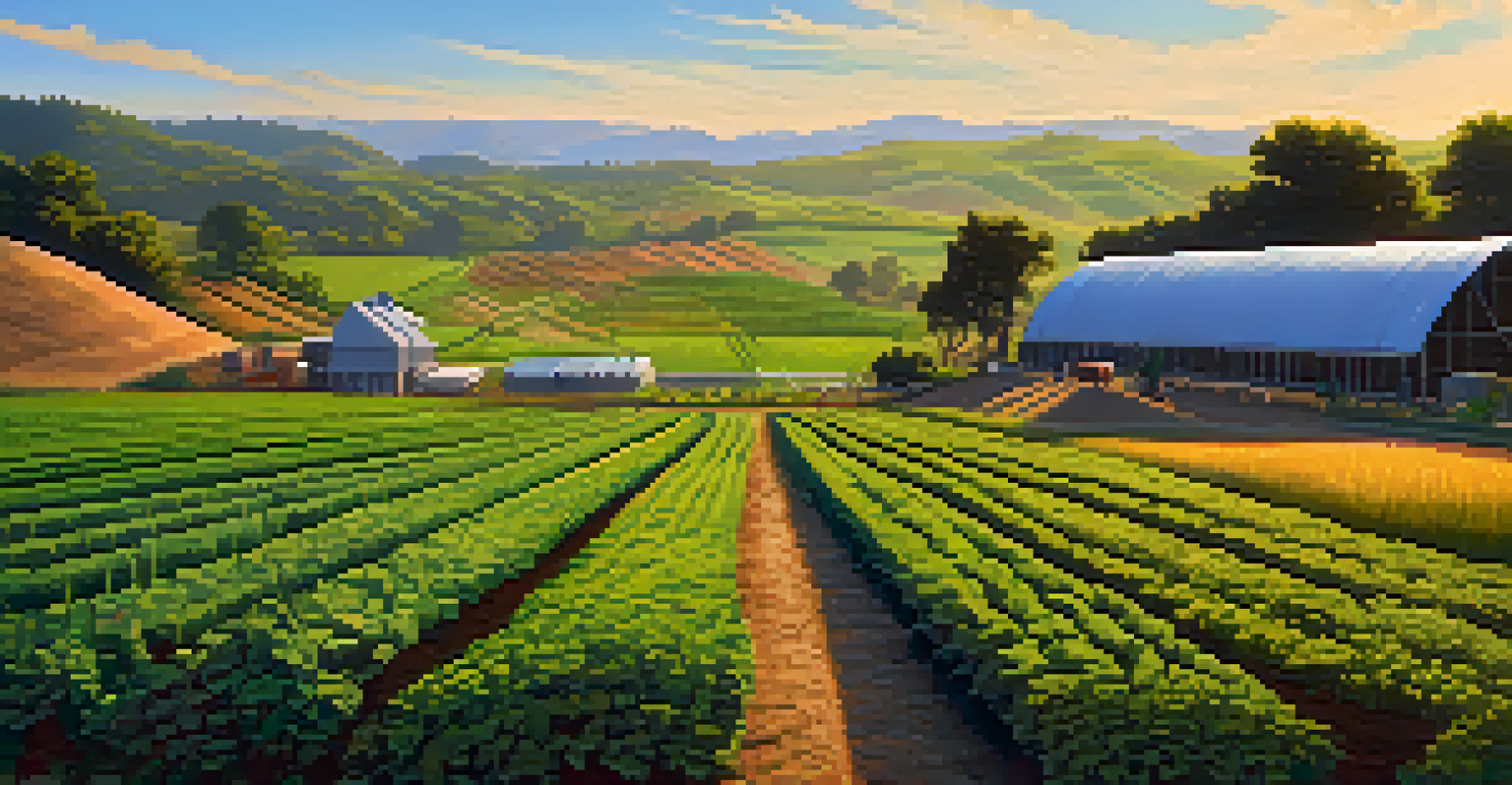 A sustainable hallucinogen farm surrounded by hills, with rows of plants and a rainwater harvesting system under a blue sky.