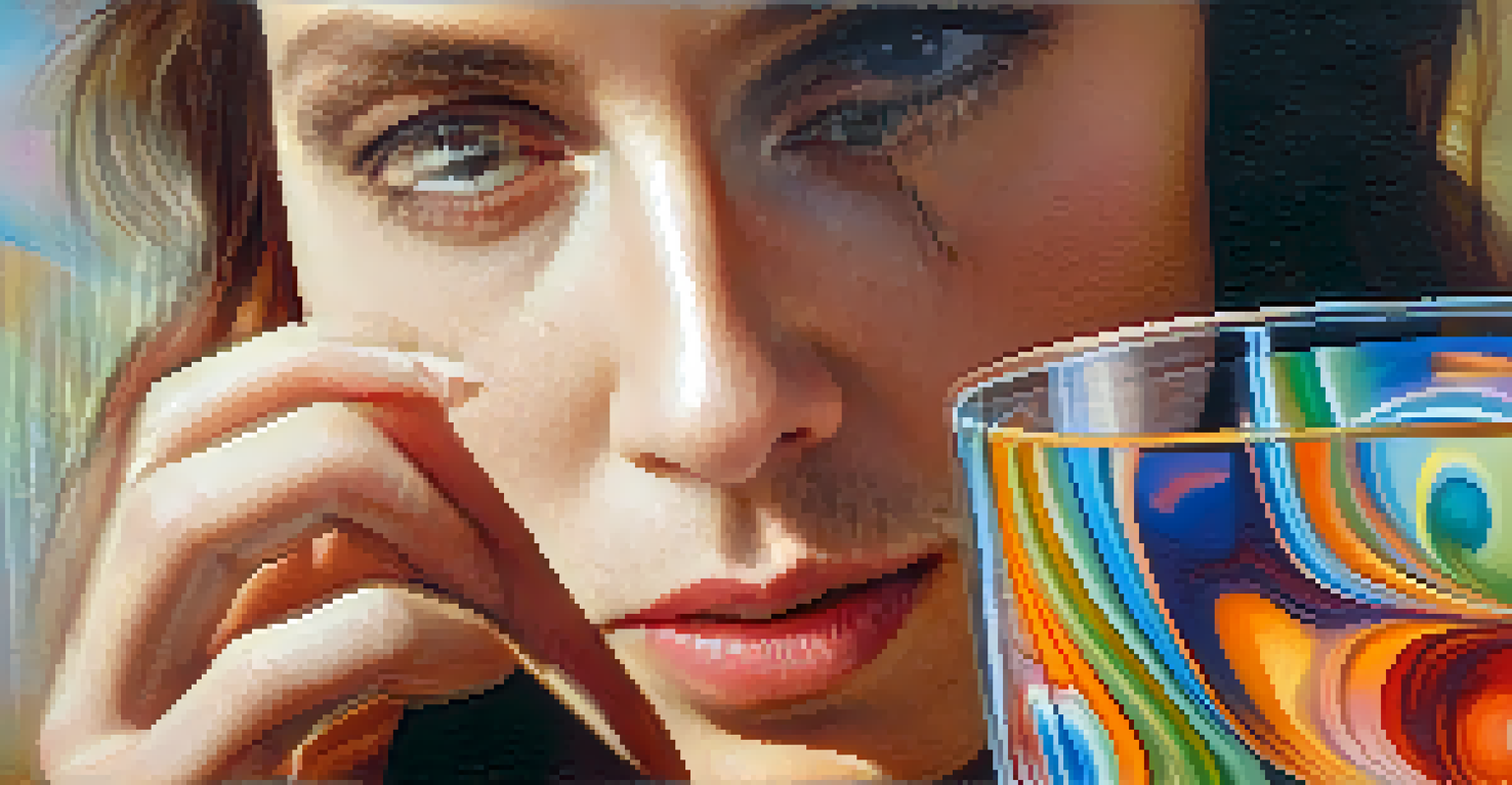 A woman holding a glass with colorful liquid, looking contemplative against a softly blurred warm background.
