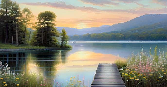 A peaceful sunrise over a calm lake with wildflowers in the foreground and a wooden dock extending into the water.
