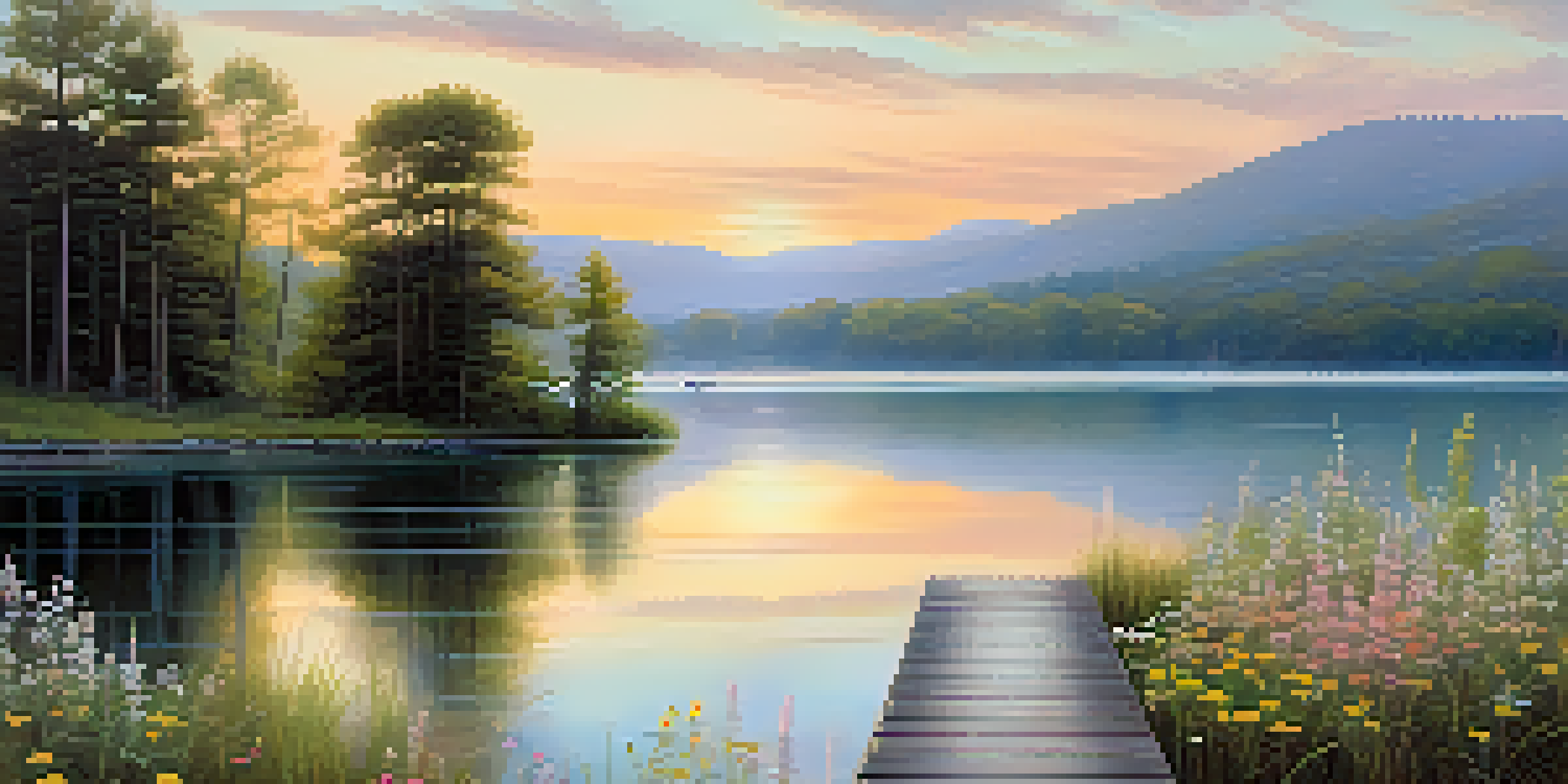 A peaceful sunrise over a calm lake with wildflowers in the foreground and a wooden dock extending into the water.