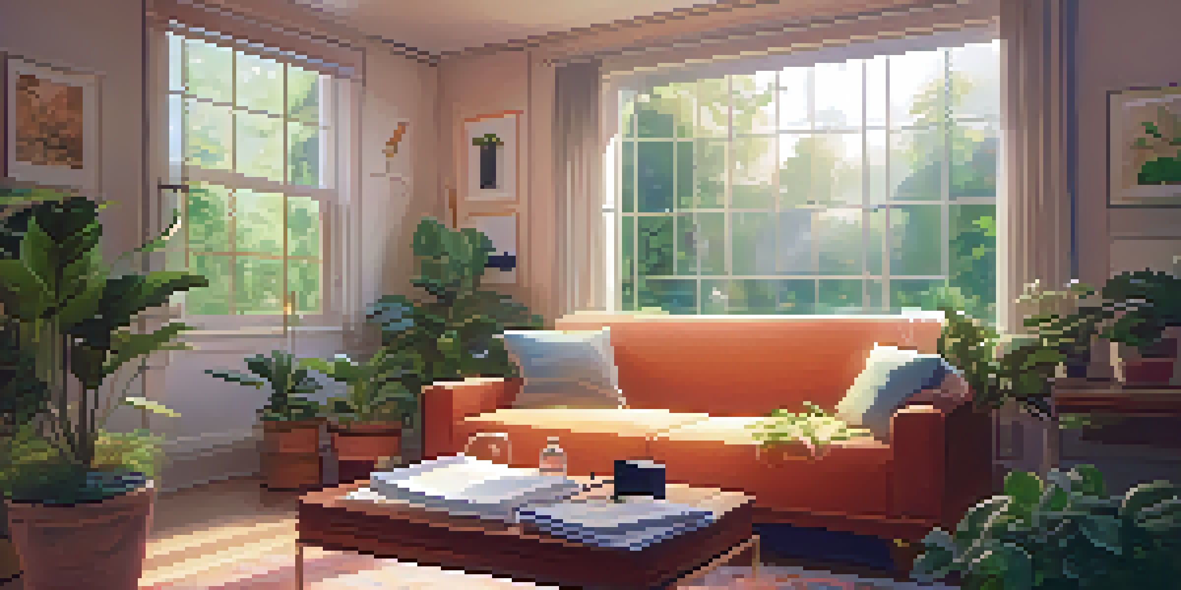 A cozy therapy room with soft lighting, a couch, a window view of a garden, and a record player with swirling colors representing ambient music.
