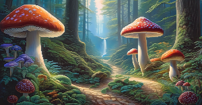 A dreamlike forest with oversized colorful mushrooms and glowing plants, illuminated by soft light, with a winding path in the foreground.