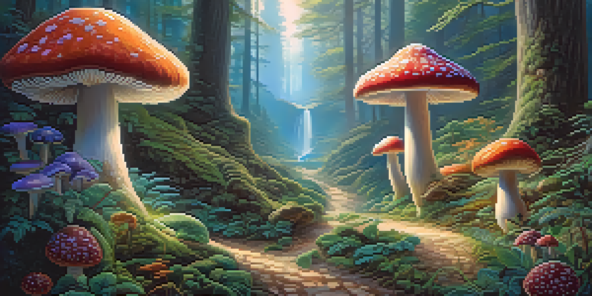 A dreamlike forest with oversized colorful mushrooms and glowing plants, illuminated by soft light, with a winding path in the foreground.