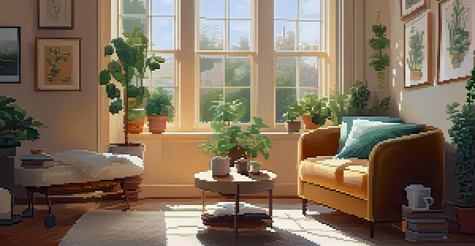 A cozy room with an oversized armchair, plants, and a table with a journal and tea, illuminated by warm light.