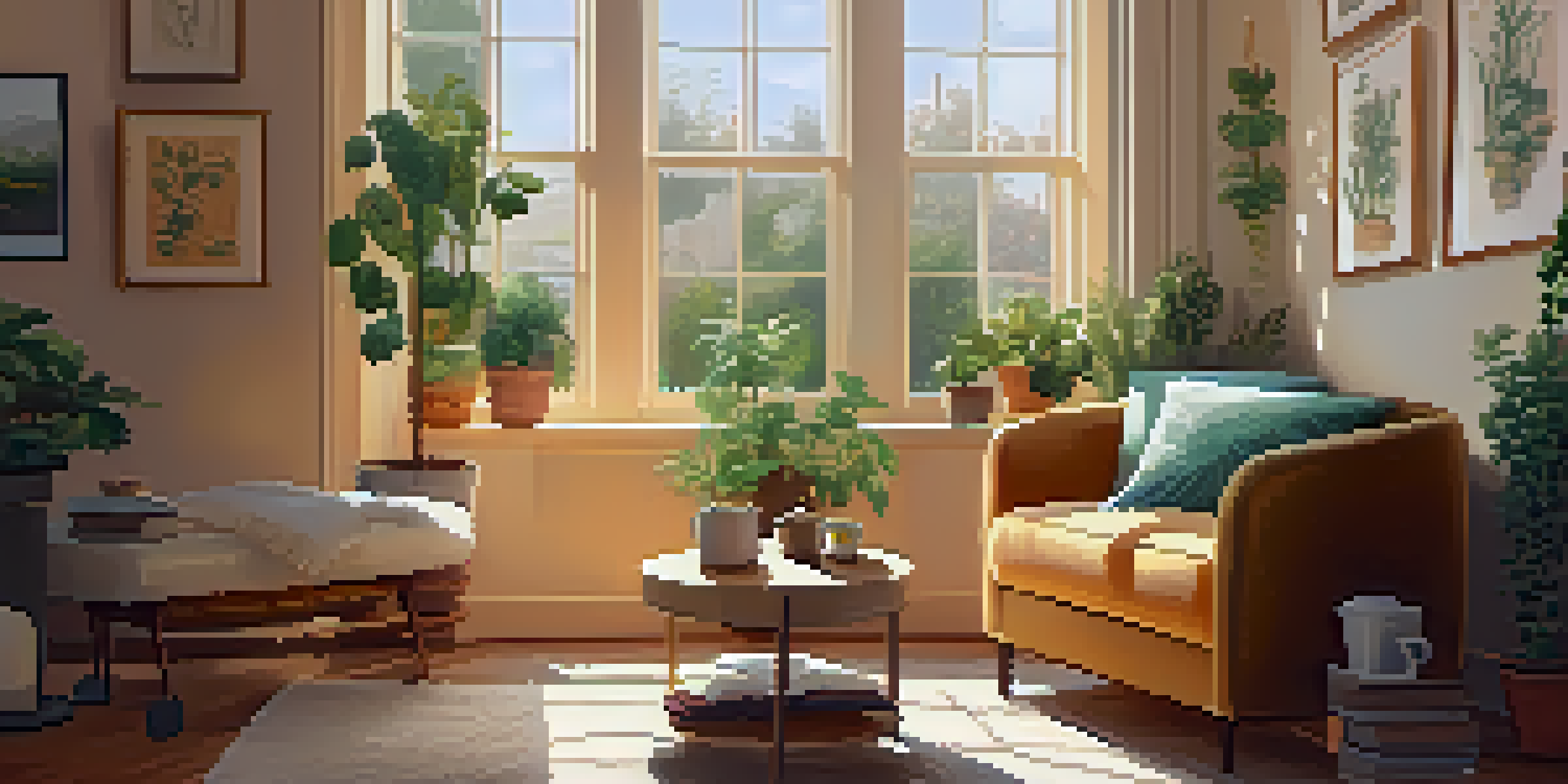 A cozy room with an oversized armchair, plants, and a table with a journal and tea, illuminated by warm light.