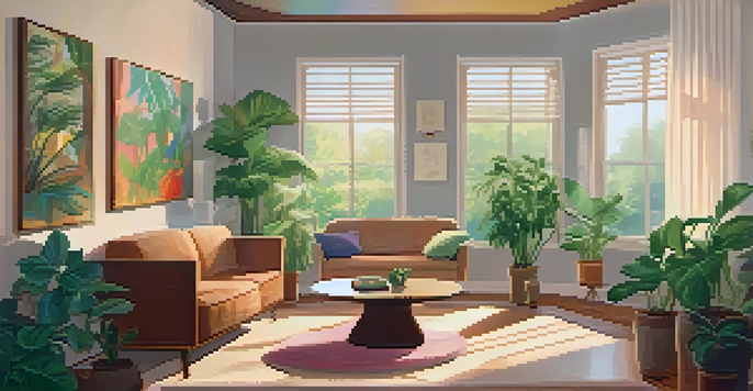 A tranquil therapy room with soft light, a couch, plants, and calming artwork, designed for psychedelic therapy.