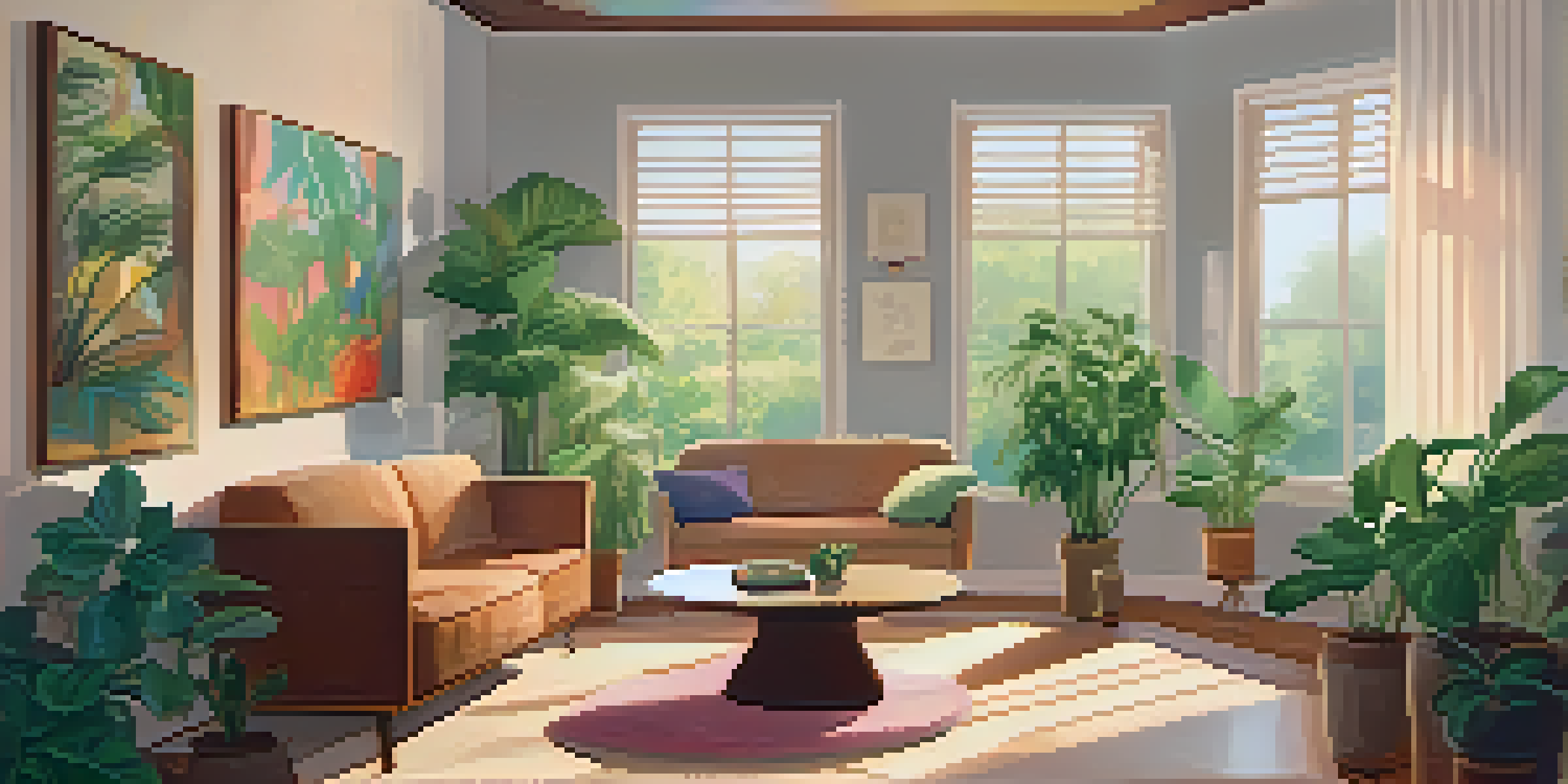 A tranquil therapy room with soft light, a couch, plants, and calming artwork, designed for psychedelic therapy.