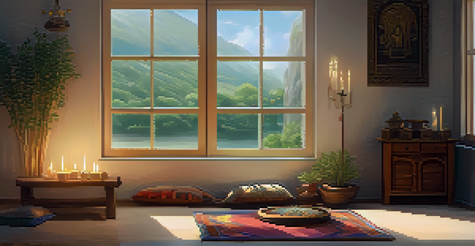 An inviting indoor space for spiritual practices with a cushion, candles, incense, and calming artwork on the walls.