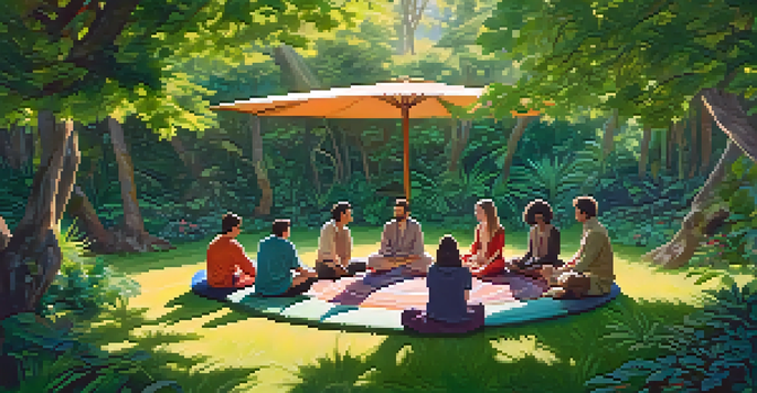 A group of people meditating in a lush green forest, surrounded by colorful cushions and sunlight filtering through the trees.