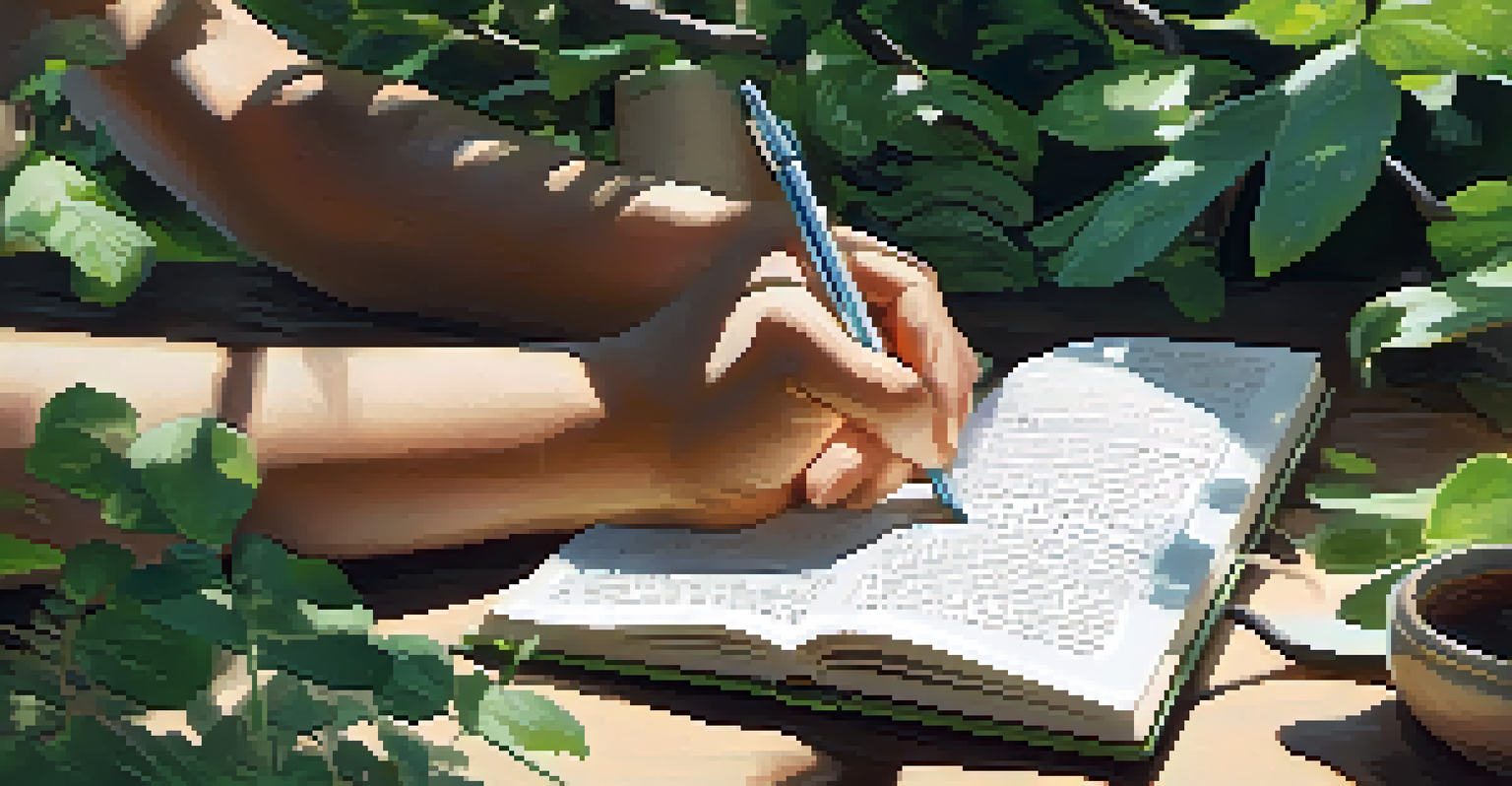 A close-up of a hand writing in a journal amidst lush greenery and sunlight.