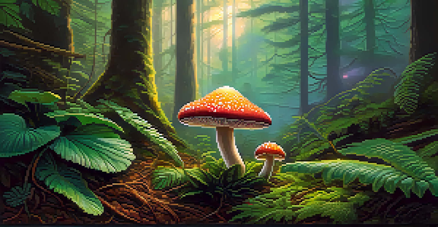 A close-up of a colorful psychedelic mushroom in a damp forest, surrounded by rich green foliage and soft sunlight.