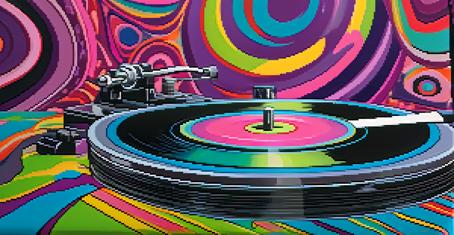 A close-up of a spinning vinyl record on a turntable with colorful psychedelic patterns in the background.