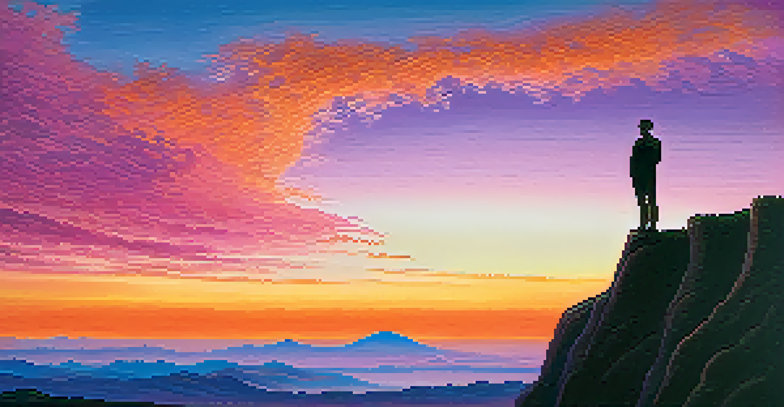 An abstract image of a person on a cliff at sunset, surrounded by ethereal shapes representing thoughts and emotions.