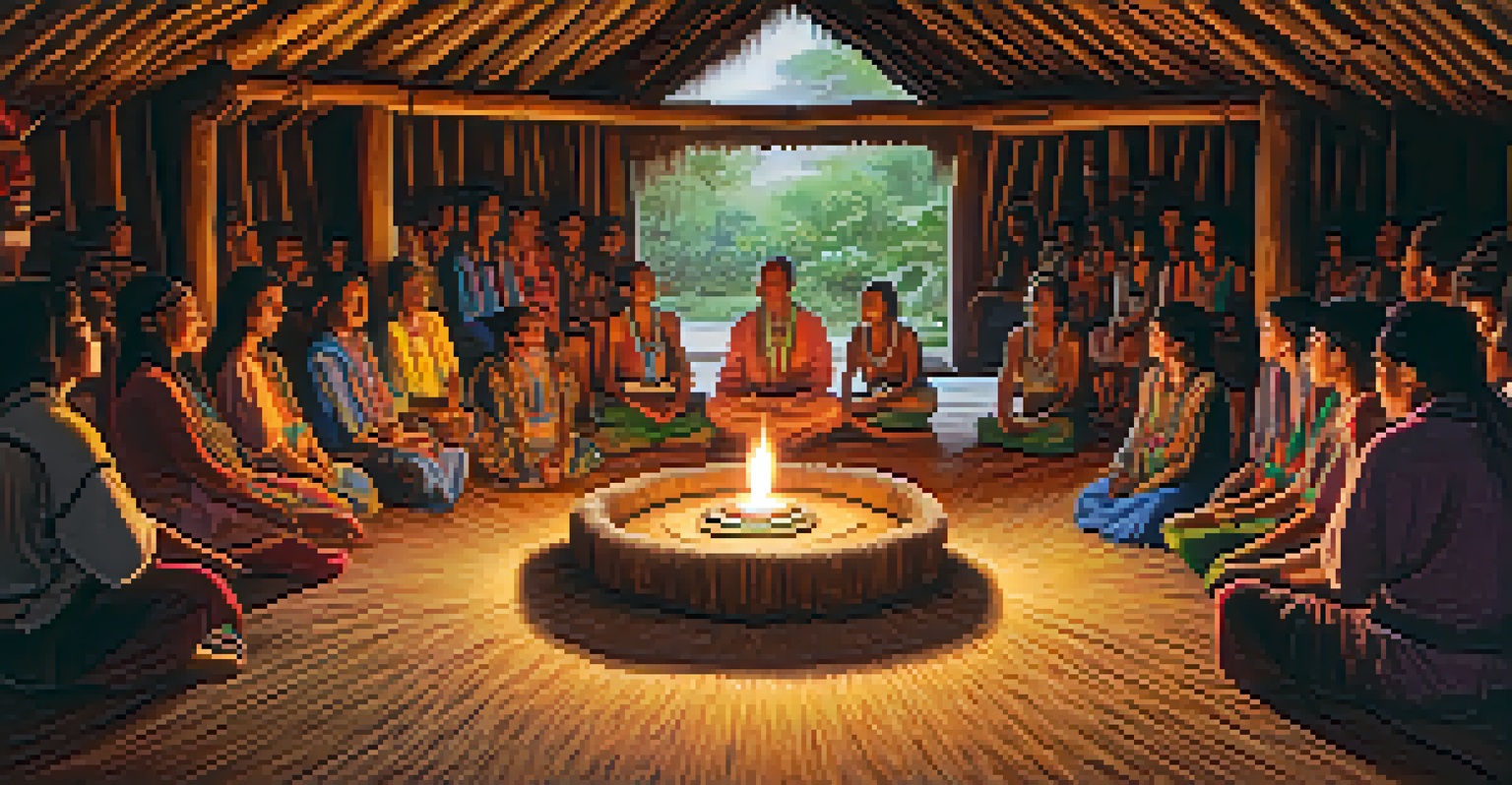 An Ayahuasca ceremony in a rustic wooden hut, with participants seated in a circle and a shaman at the center, surrounded by colorful textiles.