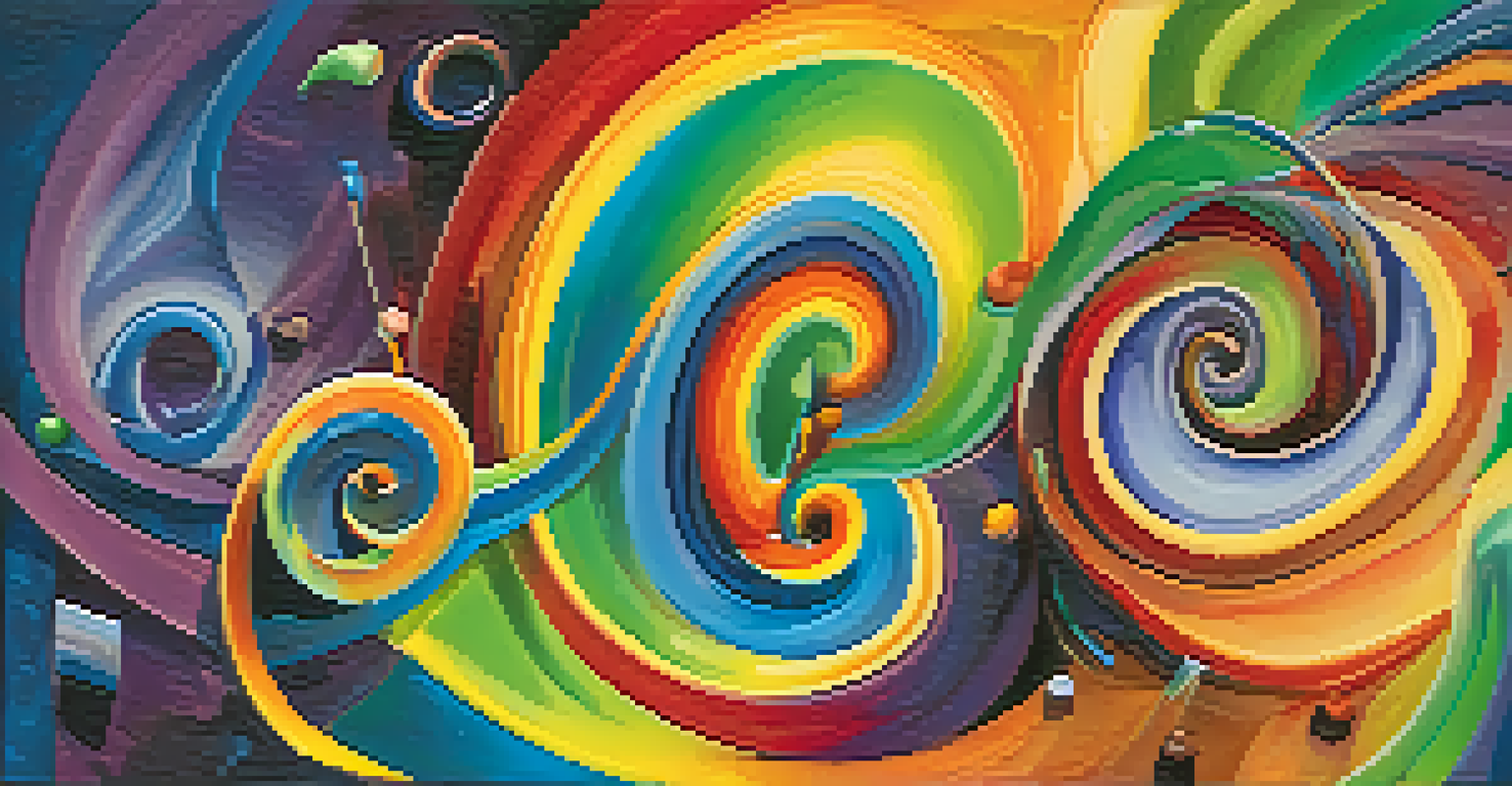 An abstract image representing synesthesia, featuring swirling colors and shapes, with musical notes and fruit shapes.