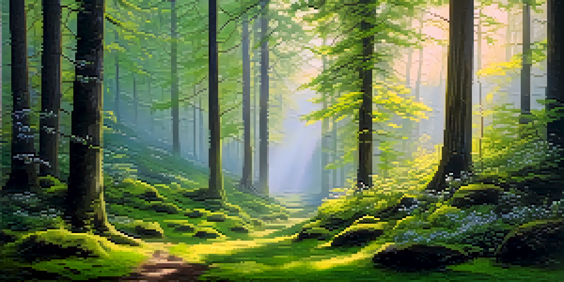 A peaceful forest at dawn with sunlight filtering through trees and mist in the air.