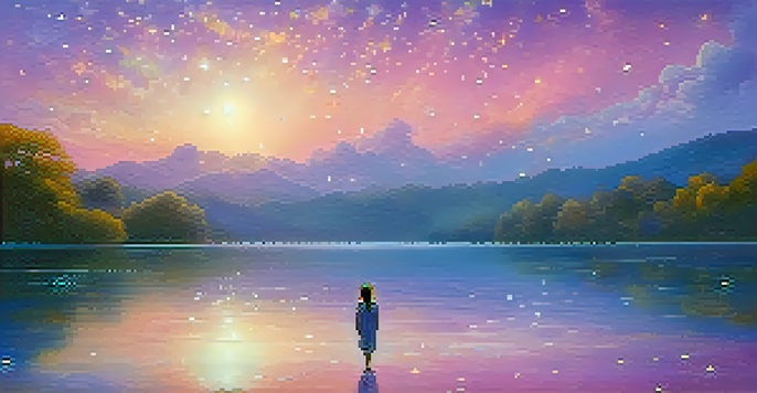 A person floats in a colorful dreamlike sky with vibrant clouds and stars, illuminated by soft light, expressing a sense of wonder and freedom.
