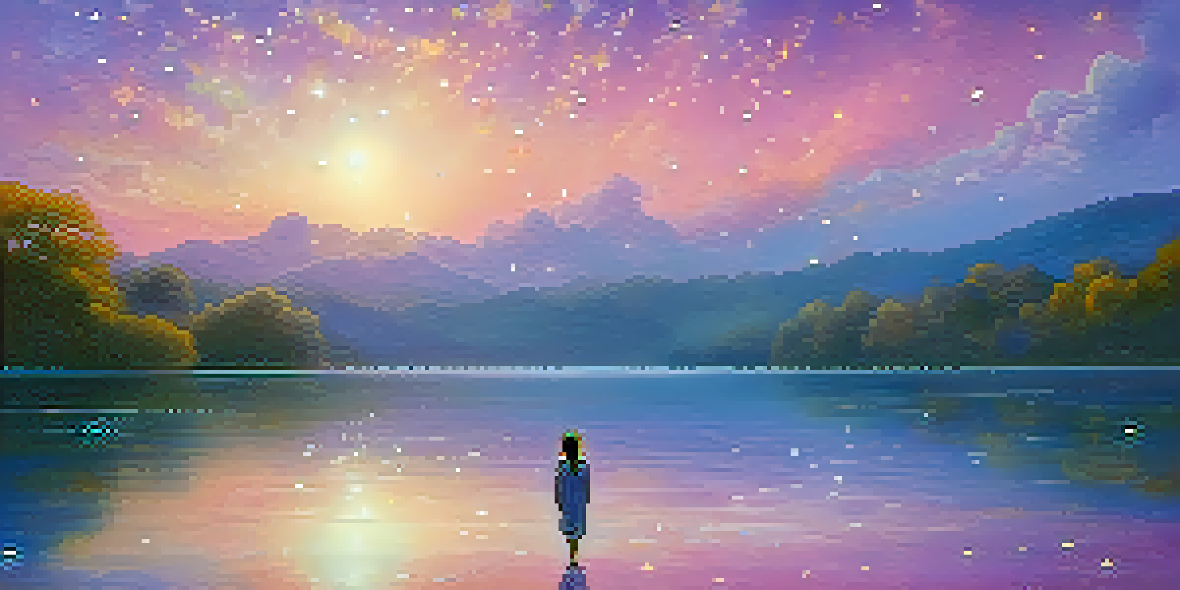 A person floats in a colorful dreamlike sky with vibrant clouds and stars, illuminated by soft light, expressing a sense of wonder and freedom.