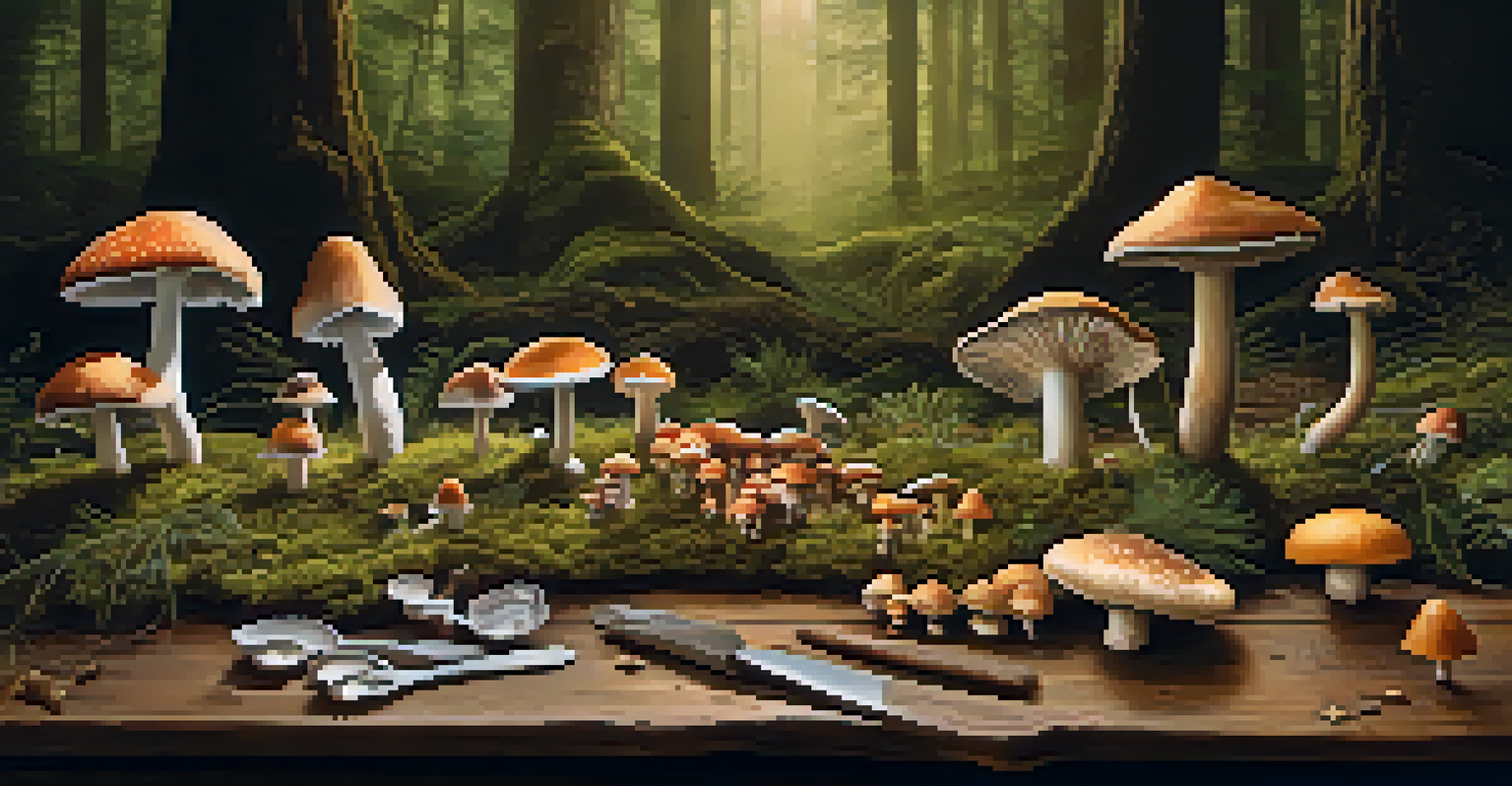 A wooden table with various mushrooms and soft forest background.