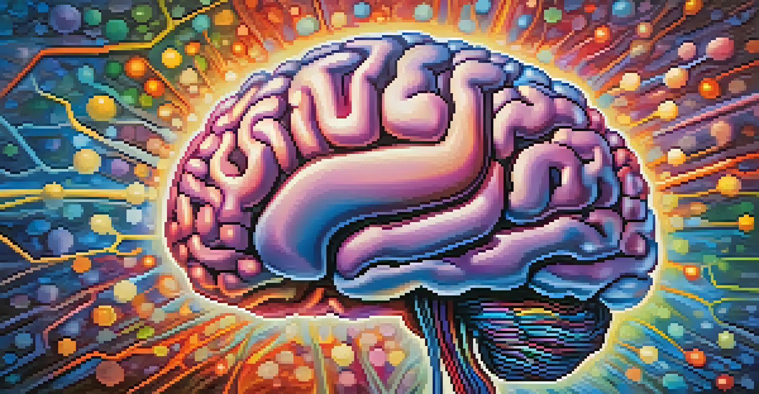 An artistic depiction of a brain with bright neural pathways, set against a colorful abstract background symbolizing creativity.