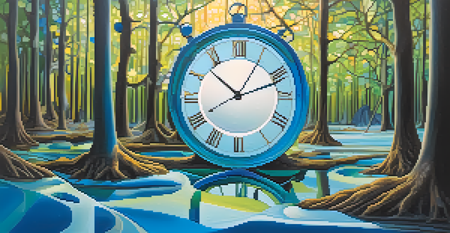 An abstract image showing a melting clock on a tree branch in a colorful forest, with floating shapes around it.