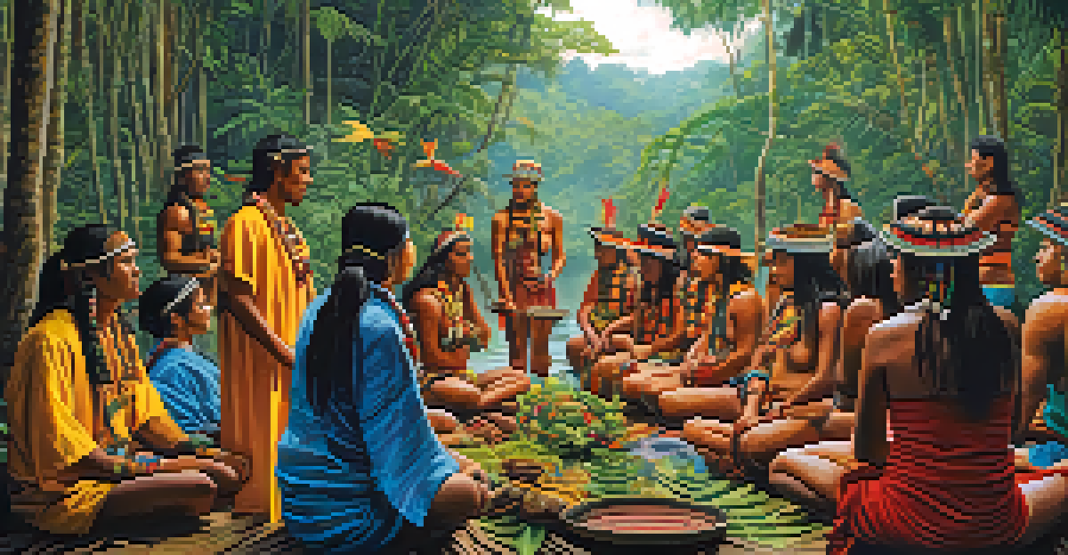 Indigenous people in an Amazonian setting, dressed in traditional clothing, engaging in a ritual with ayahuasca, surrounded by lush nature.