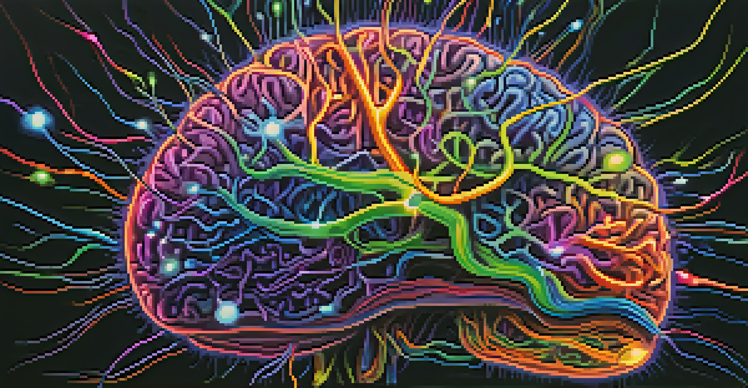 A colorful illustration of a brain with illuminated neural pathways, representing the effects of hallucinogens.