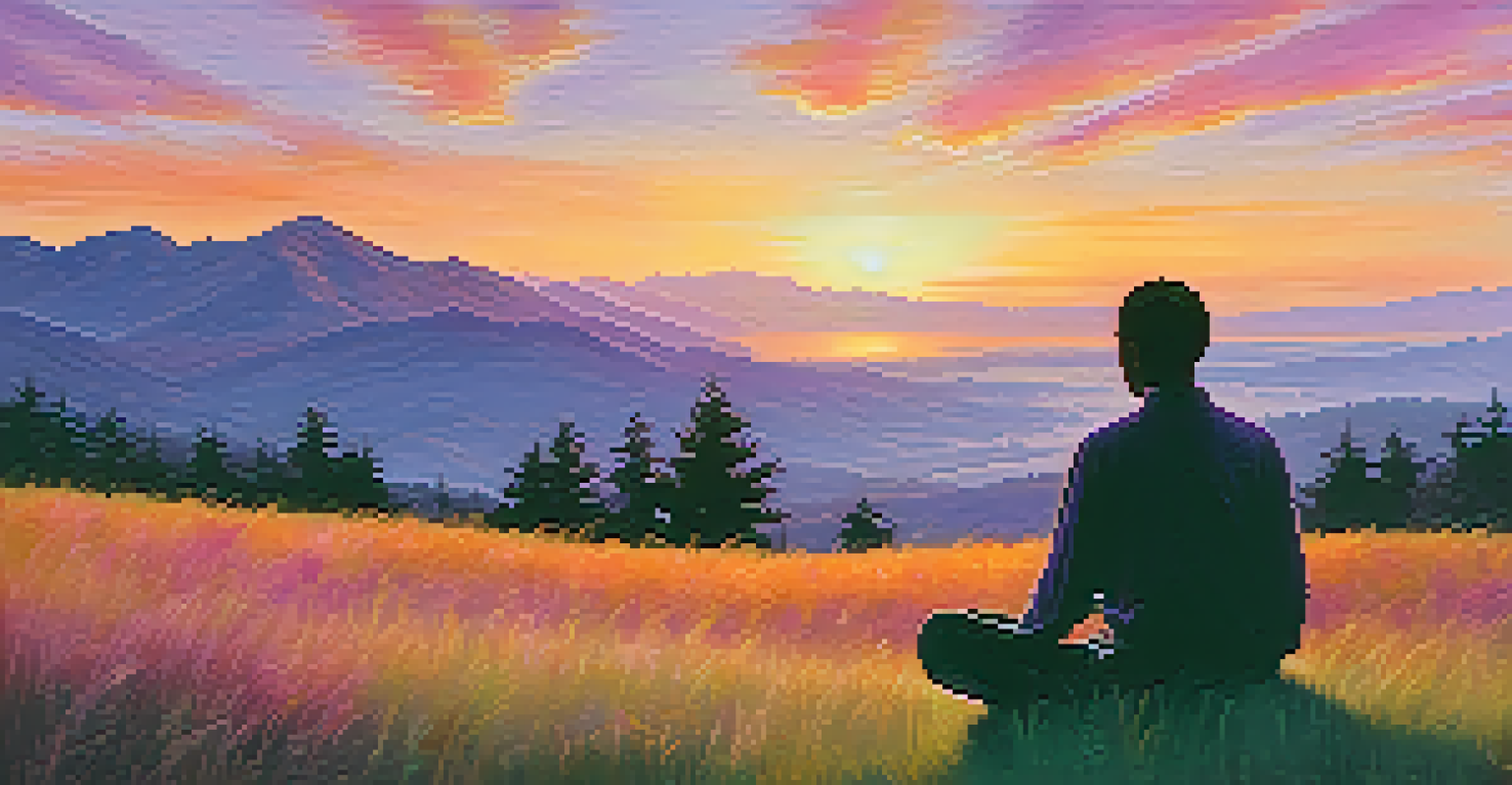 A person meditating on a hill at sunset, surrounded by a colorful sky and mountains.