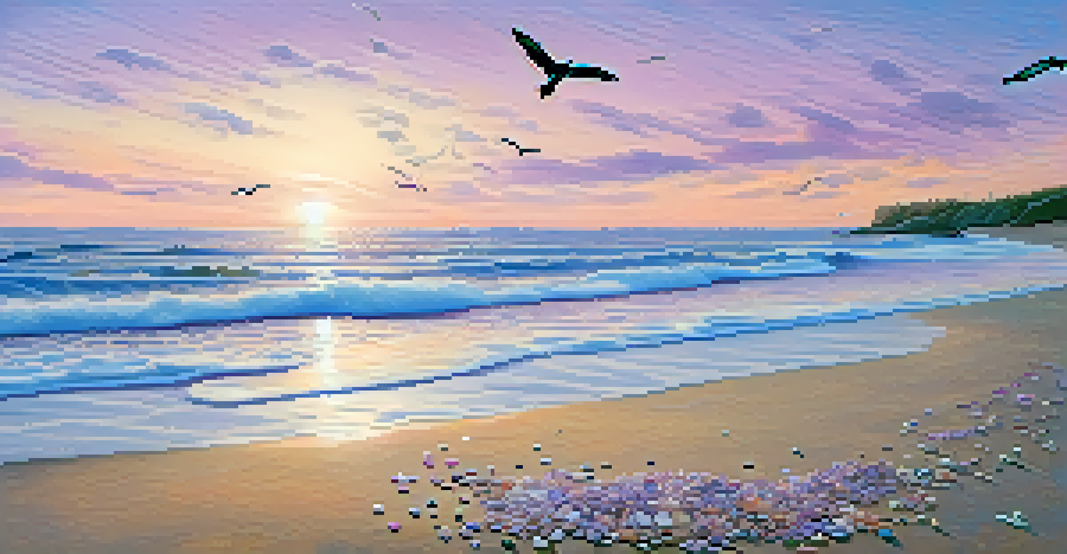 A tranquil beach at sunset with waves, colorful sky, and a seagull in silhouette.