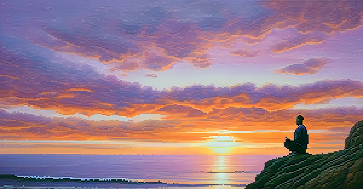 A person meditating on a cliff at sunset, with a colorful sky and a view of the ocean.