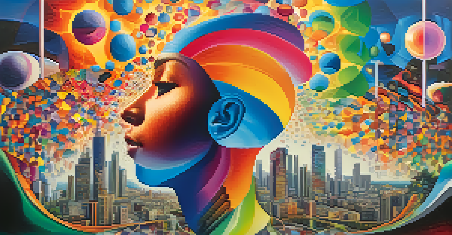 An abstract image of a person in a colorful kaleidoscope, with sound waves and a dreamlike cityscape in the background.