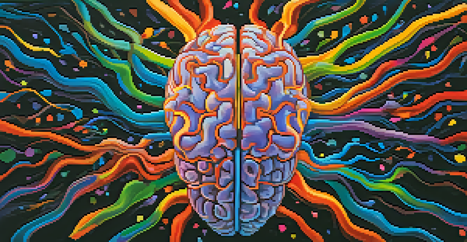 An abstract colorful depiction of a brain with illuminated neural pathways and psychedelic patterns, symbolizing healing.