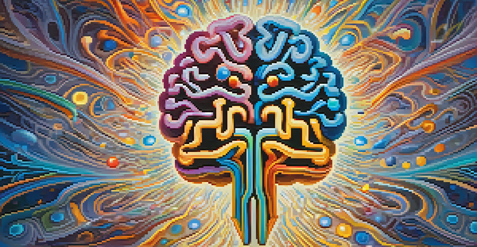 An abstract image of a brain with glowing serotonin receptors, surrounded by colorful patterns representing altered perception.