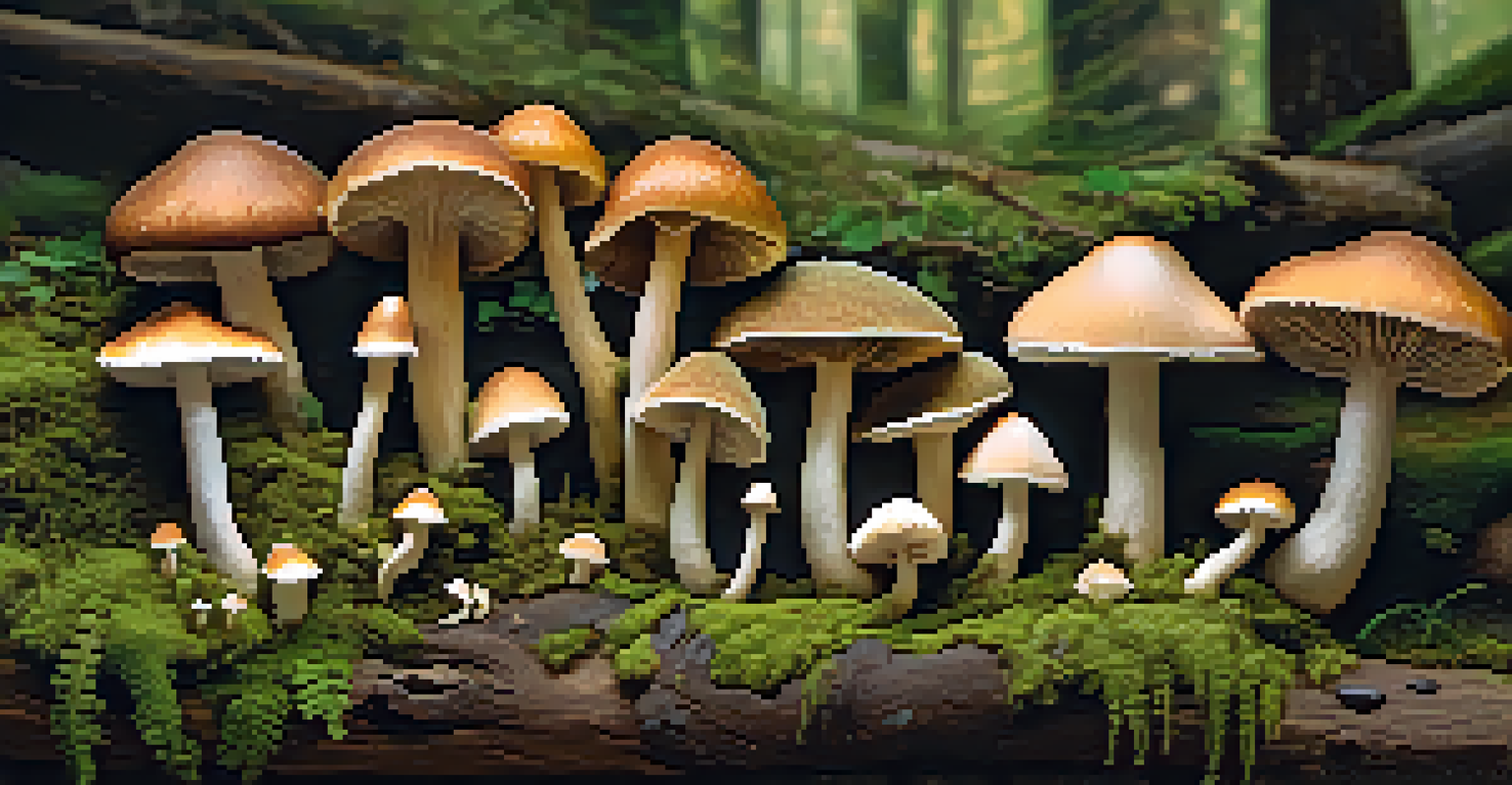 A collection of psilocybin mushrooms displayed on a wooden surface, surrounded by moss and stones, with soft natural lighting highlighting their textures.