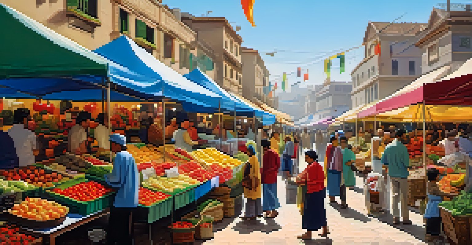 A lively marketplace with colorful stalls and people interacting, surrounded by fresh produce and decorations.