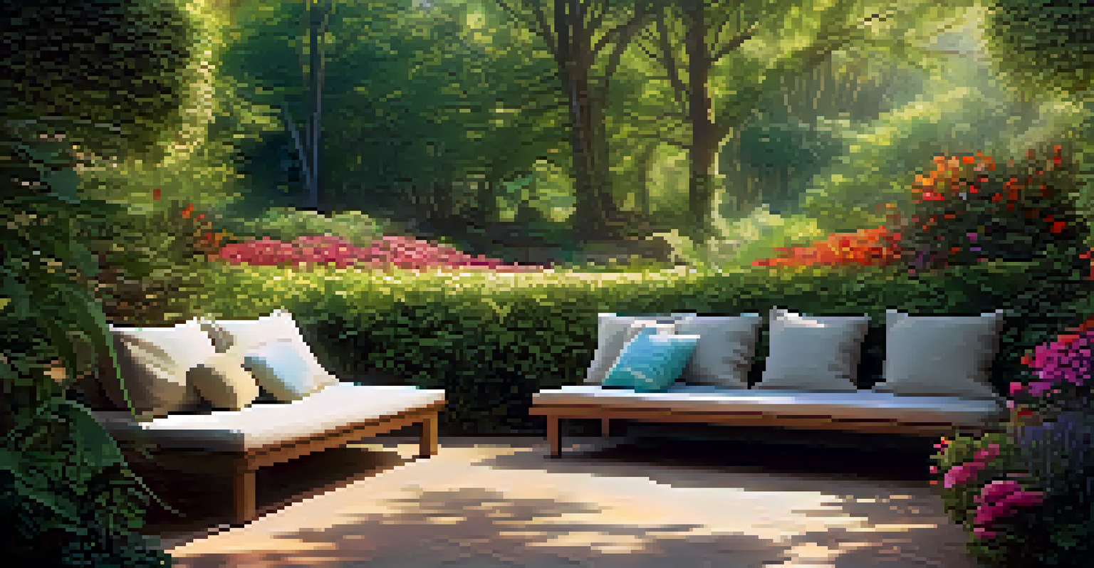 A serene meditation area in nature surrounded by greenery and colorful flowers, illuminated by soft sunlight.