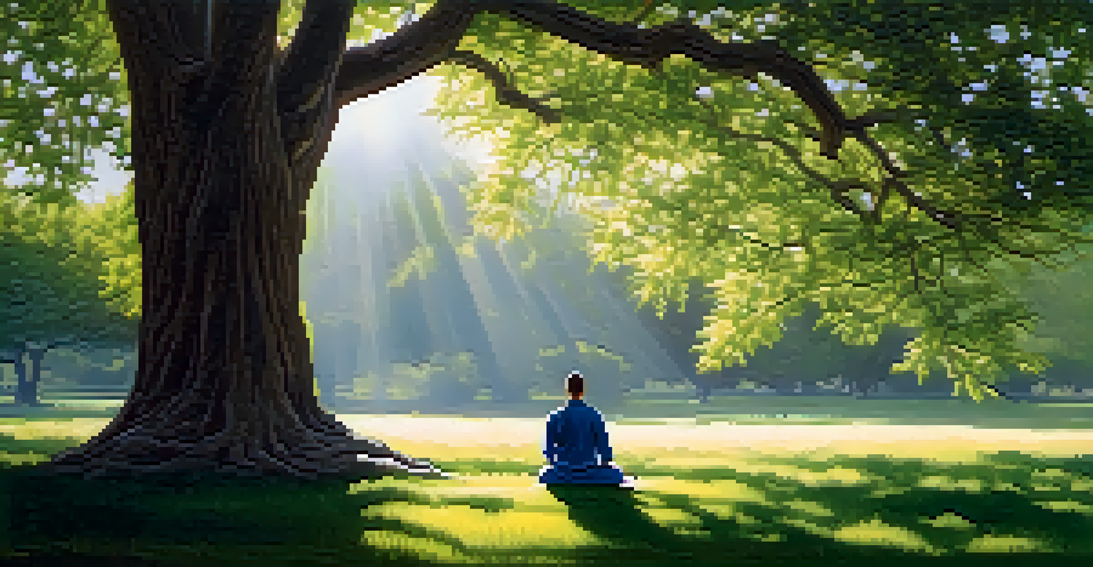 A peaceful landscape with a person meditating under a large tree, surrounded by greenery and sunlight, conveying a sense of calm and interconnectedness.