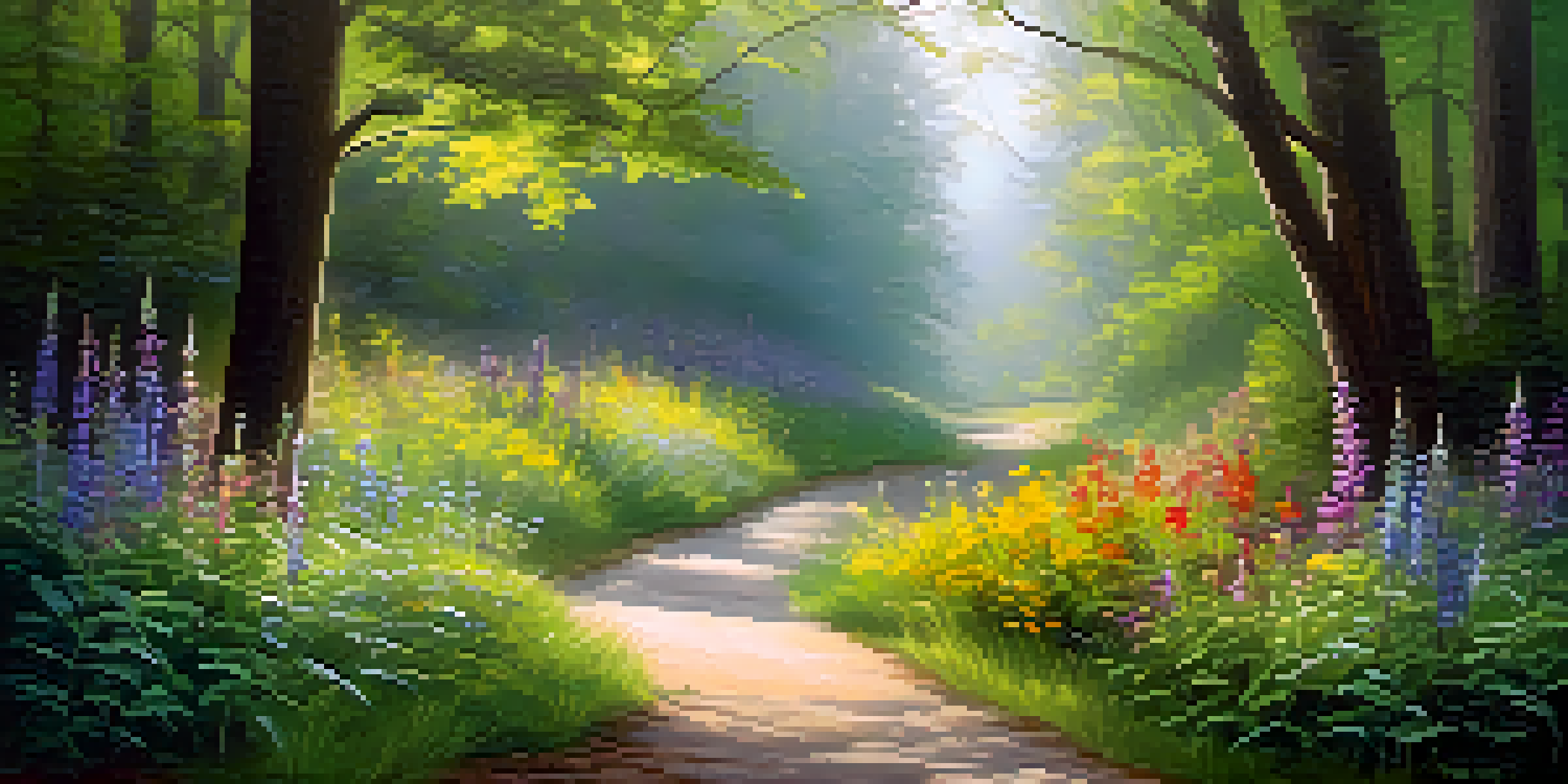 A peaceful forest path with green leaves and colorful flowers, softly lit by morning light and enveloped in mist.