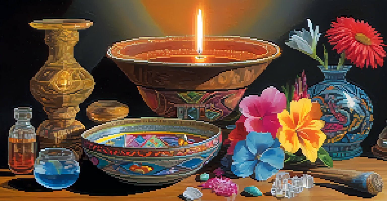A close-up view of ceremonial items for hallucinogenic practices, including a decorated bowl, flowers, and crystals on a rustic wooden table.