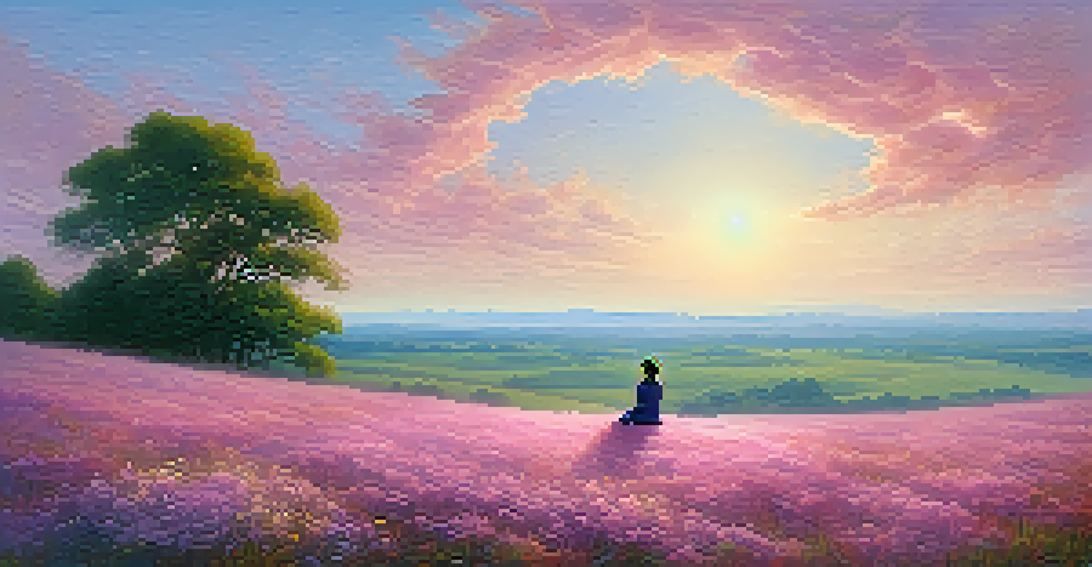 A dreamlike landscape with vibrant clouds and a field of wildflowers, featuring a figure in contemplation.