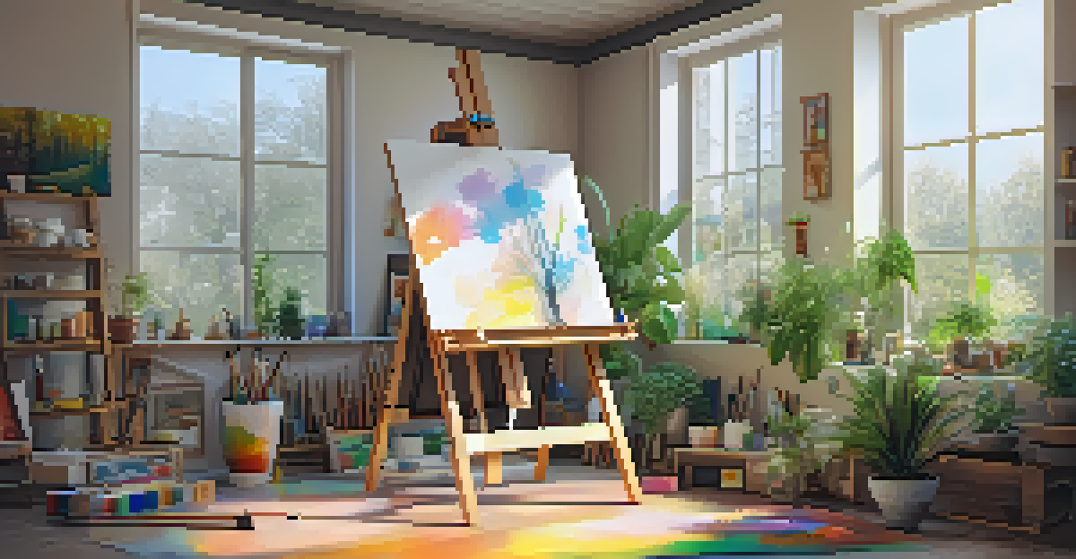 A cozy art therapy studio filled with art supplies and a colorful artwork in progress, bathed in natural light.