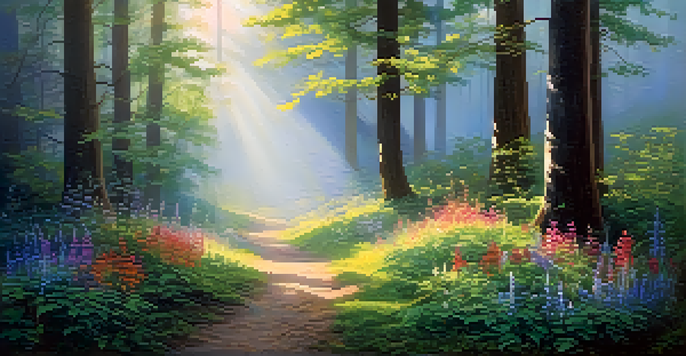 A tranquil forest with sunlight filtering through trees and colorful wildflowers in the foreground, surrounded by mist.