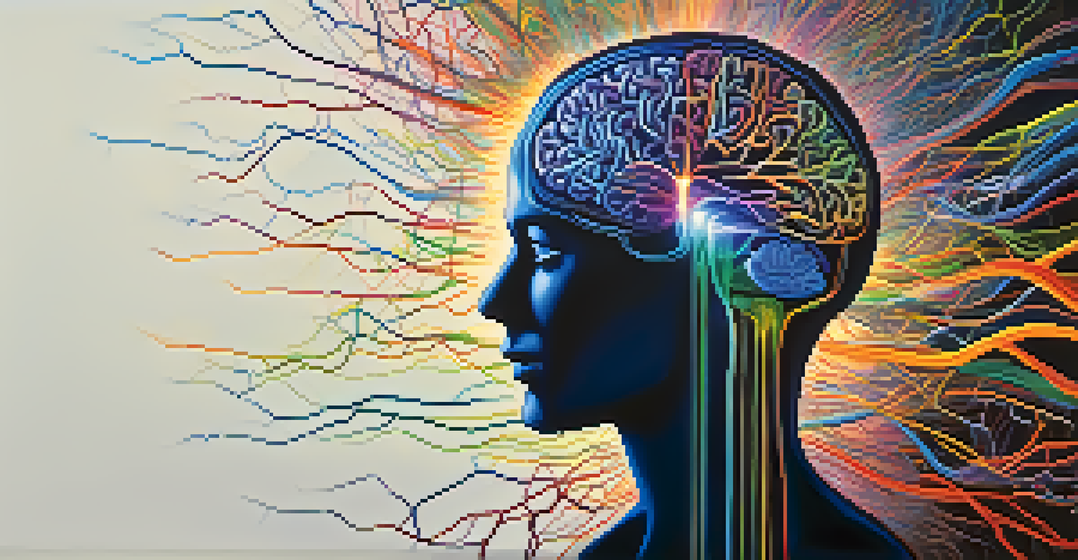 An artistic depiction of a human brain with colorful neural pathways against a navy blue background.