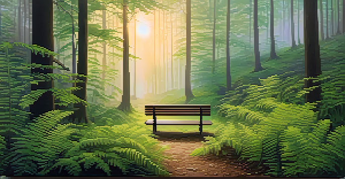 A tranquil forest at dawn with mist and golden light, featuring a small wooden bench amidst lush greenery.