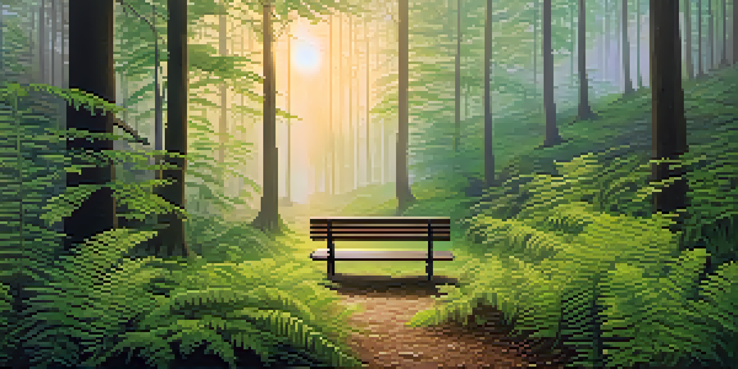 A tranquil forest at dawn with mist and golden light, featuring a small wooden bench amidst lush greenery.