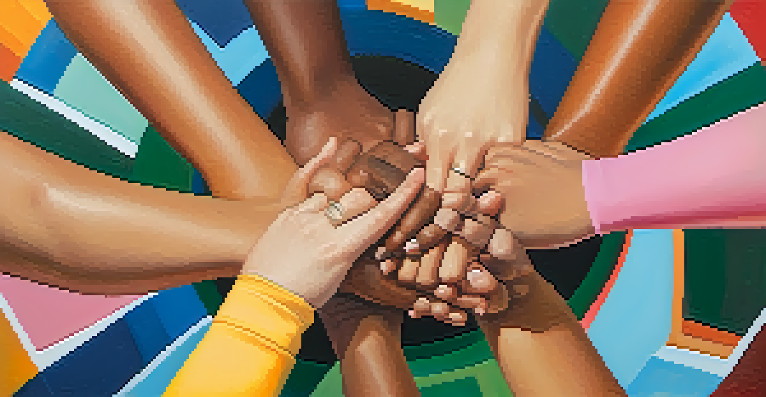 A diverse group of people holding hands in a circle against a colorful mural.