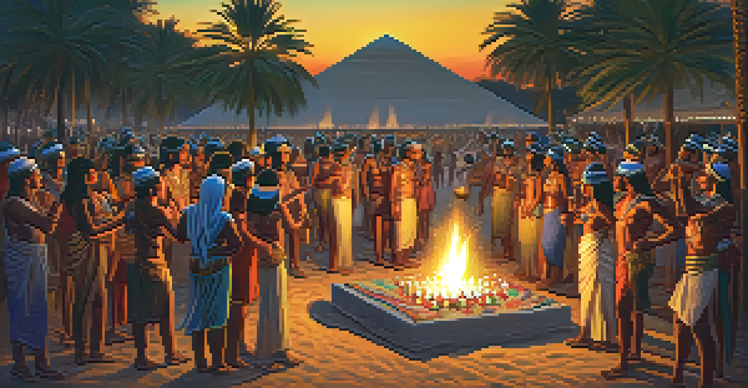 An ancient Egyptian festival with participants using cannabis in rituals, dancing under the moonlight.