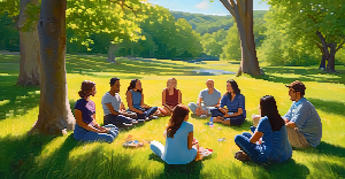 A diverse group of people sitting in a circle in a grassy meadow, engaged in a therapy session, surrounded by trees and wildflowers.