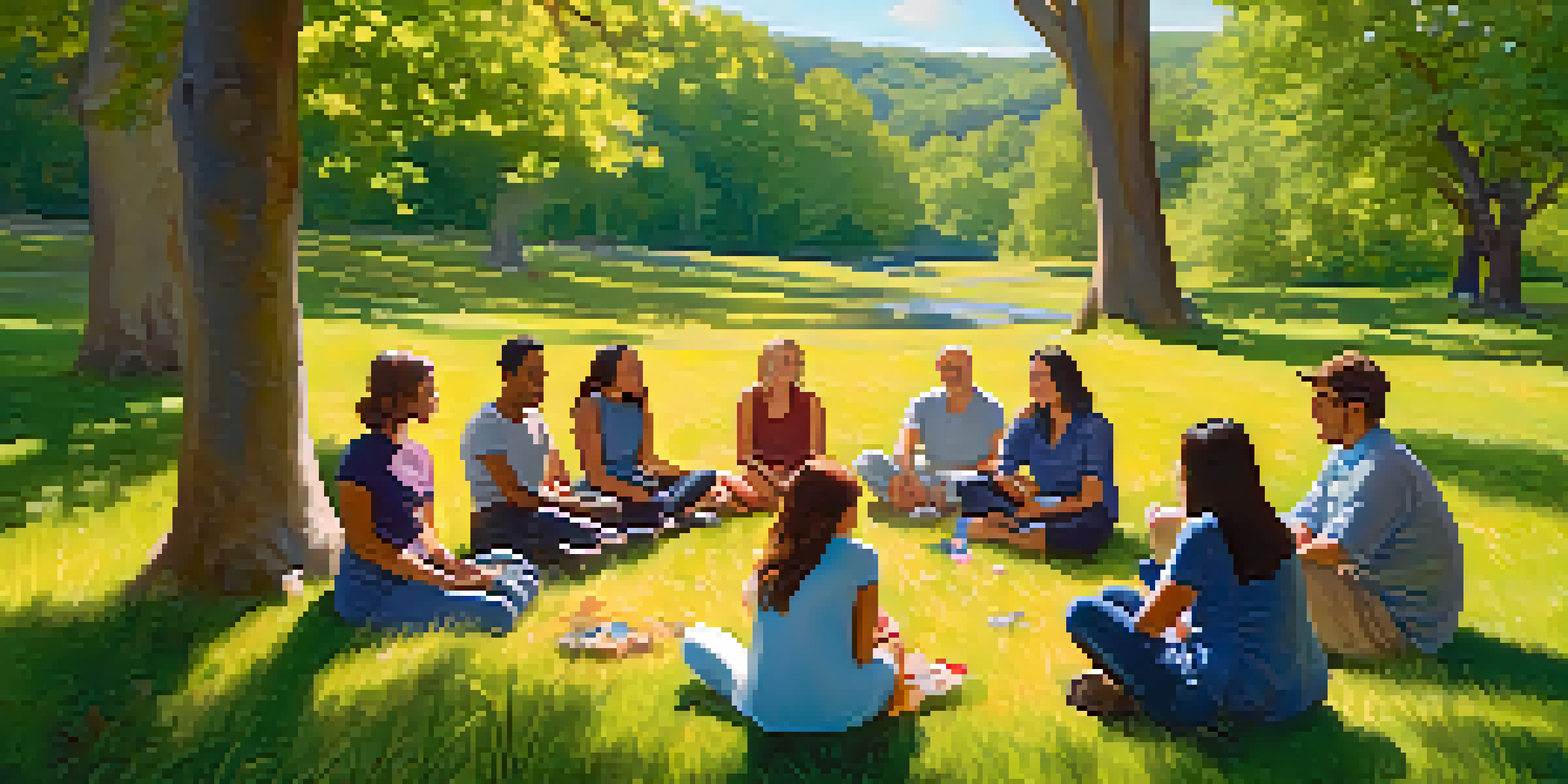 A diverse group of people sitting in a circle in a grassy meadow, engaged in a therapy session, surrounded by trees and wildflowers.