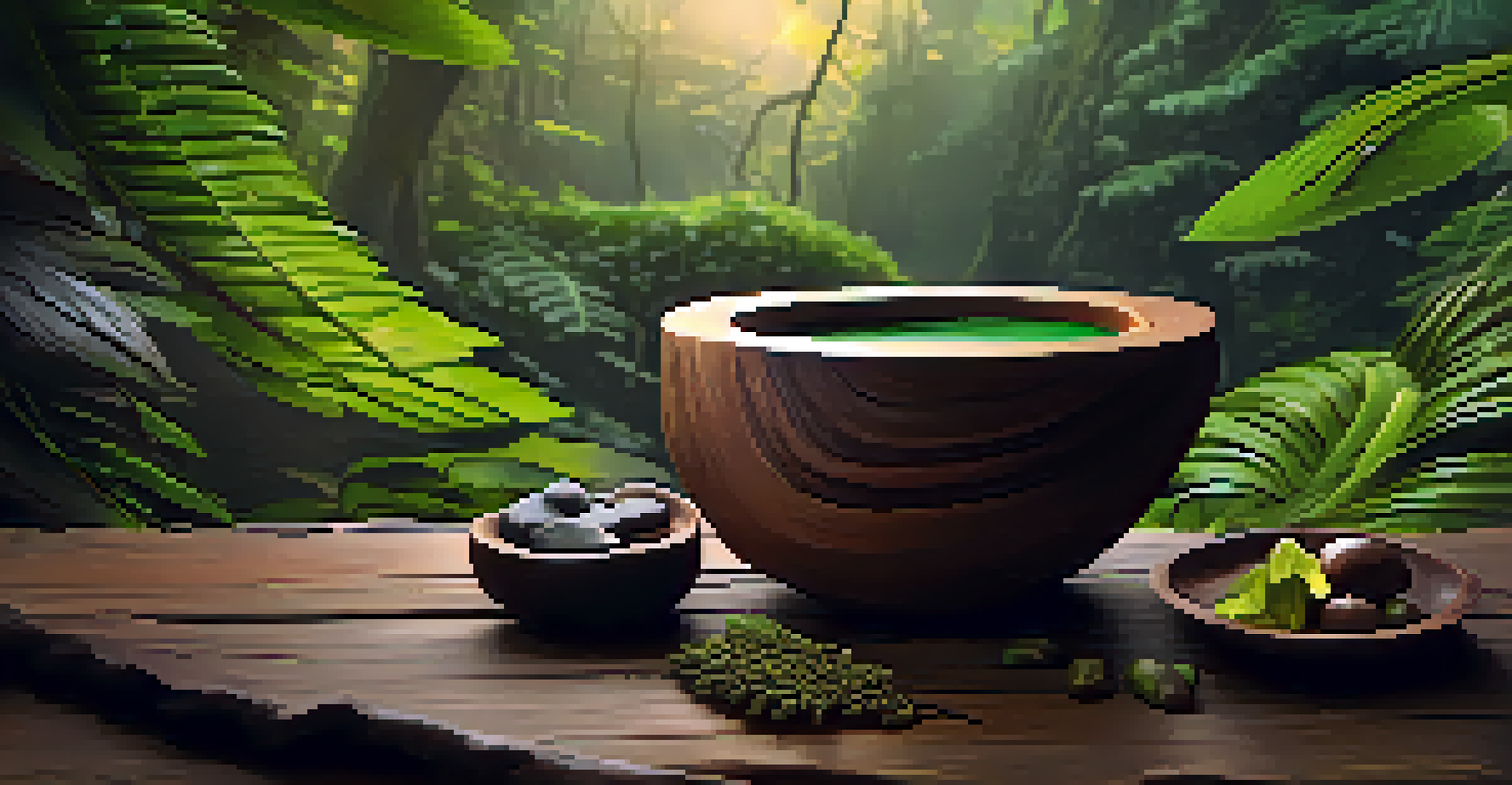 Close-up of Ayahuasca brew in a rustic wooden bowl surrounded by natural elements.